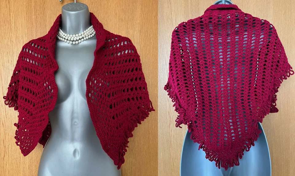 Hand Knitted Chunky Crochet Triangular Luxurious Dark Red Stylish Shawl Wrap  - Image 1 of 4