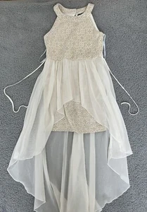 Sequin Hearts Girls Sparkly Gold & Cream Satin Color High Low Dress Size 14 - Picture 1 of 11