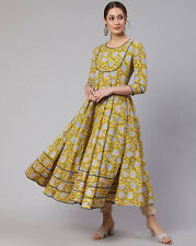 Indian Women Mustard Cotton Flared A-Line Kurta Kurti Top Tunic Long New Dress