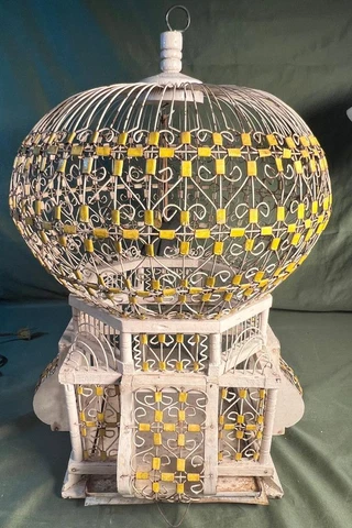 Old Vintage Wood Wire Metal Wood Wooden Bird Cage Pagoda Shape Shabby White Chic Cover