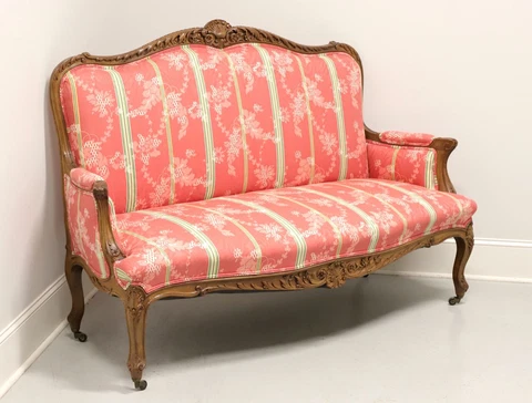 Antique Carved Walnut French Country Louis XV Style Settee on Casters Cover