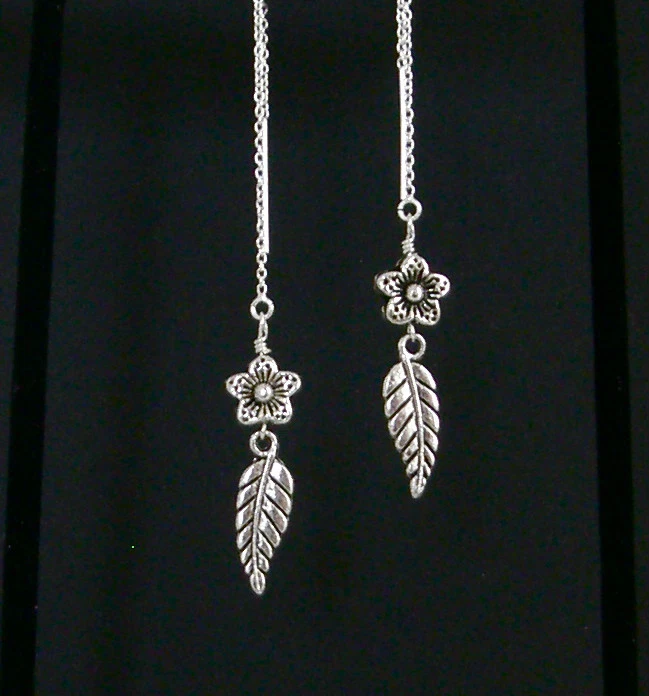 *IAJ* 花园花带 LEAF 悬垂纯银耳线耳环  — 第 1/1 张图片