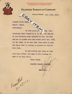 1913 PLATTE TABACCO COMPANY Dallas Texas PLATTEN ZIGARREN Briefkopf Brief - Bild 1 von 1
