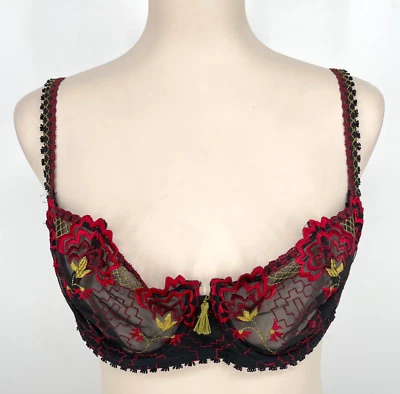 Chantelle womens 36D embroidered floral Bra Full Coverage Lace Black/Red Unlined - Image 1 of 4