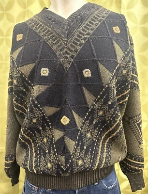 Suéter ITALIANO 48 M Vintage Años 80 PAPILLON ITALIA Mezcla Lana NEGRO Oliva DORADO Foto 1 de 4