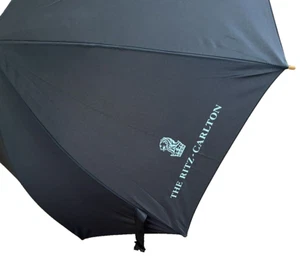 The Ritz Carlton Hotel Classic Black Umbrella Memorable Blue Wood Curved Handle - Picture 1 of 11