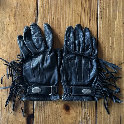 Harley Davidson Black Leather Fringe Riding Gloves Vintage WOMEN’S Size XL - Image 1 of 4