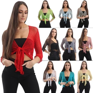 Womens Tie Up Open Front Shrug Ladies Knitted Cropped Bolero Short Cardigan Top - Picture 1 of 169