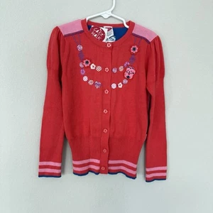 NWT Cake Walk Girls Embroidered Cardigan Lucky Cat Flowers Red & Pink Size 5-6Y - Picture 1 of 7