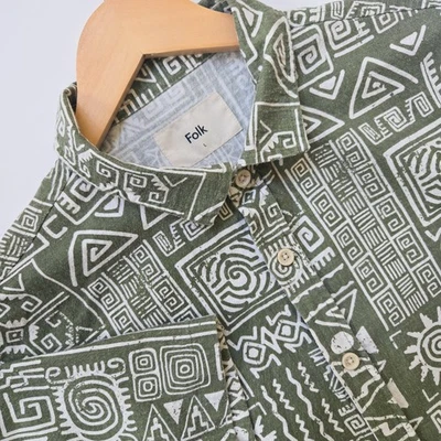 Folk Clothing Shirt Mens Large L Green Aztec Hawaiian Camp Woven Linen Blend - Image 1 of 4