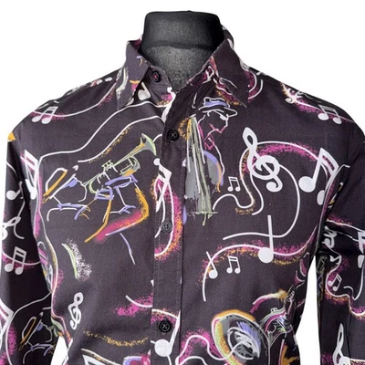 JOE BROWNS Shirt Mens MEDIUM (40-41") Long Sleeve in Brown with Jazz Print - Изображение 1 из 4