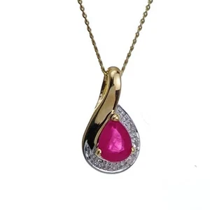 Collar de diamantes rubí 9 quilates oro amarillo 0,42 quilates pera roja piedras preciosas naturales en caja - Imagen 1 de 21