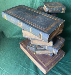 Vintage Side Table Stacked Faux Books Multi Color Hand Painted Wood Sculpture - Picture 1 of 12