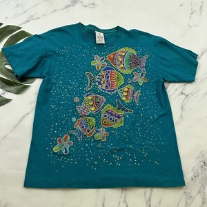 KWBL Womens Vintage 90s Puff Paint Fish Tee One Size Teal Gold Gems Glitter Glam - Picture 1 of 10