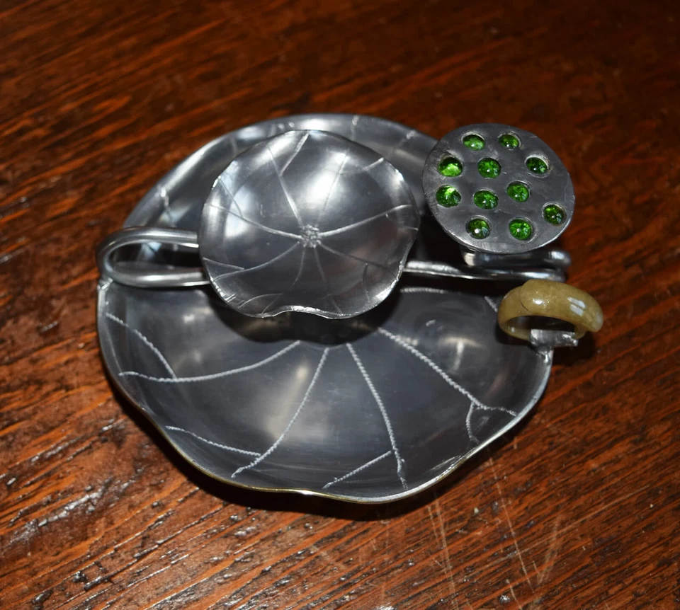 Chinese Pewter Brush Rest ~ Jade Handle ~ Lotus Flower Seeds Peridot Stones  - Image 1 of 4