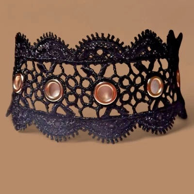 GARGANTILLA BANDA ENCAJE FESTONEADO NEGRO oro ojales gótico steampunk collar W3 Foto 1 de 4