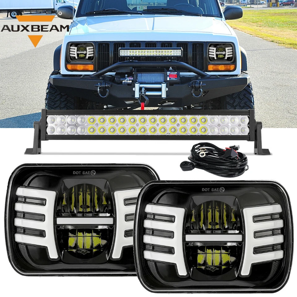 Barra de luz LED de 22" con faros LED de 7x6" Hi-Lo DRL giro para Jeep Cherokee XJ YJ Foto 1 de 4