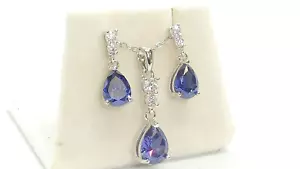 More details for ladies sterling 925 solid silver tanzanite &amp; white sapphire earring necklace set