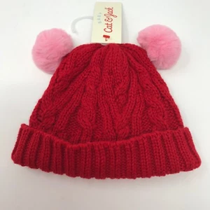 Cat & Jack Baby Beanie Mütze 0-6 oder 6-12 Monate rot Zopfmuster mit rosa Bommeln - Bild 1 von 2