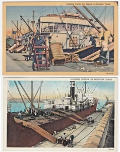 c1930s Loading Cotton, Houston Texas ~ Lotto di 2 cartoline d'epoca in lino TX - Foto 1 di 5