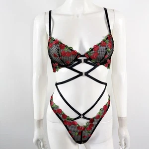 Victoria's Secret schwarzes Netz BH Set Dessous Gr. XS sexy Kirsch Stickerei NEU - Bild 1 von 11
