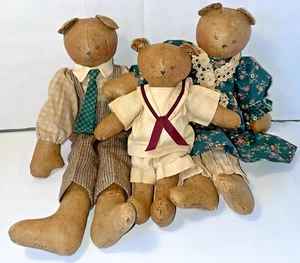 Bears Family Oil Cloth Barbara Moore Signed Artisan Folk Art Primitive 3 Dolls - Picture 1 of 17