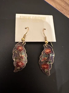 Cloisonne' Drop Earrings BoHo Vintage Purple Crenate edge Floral w/butterflies - Picture 1 of 2