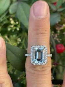 3Ct Emerald Cut Lab Created Aquamarine Engagement Ring 14K White Gold Finish - Picture 1 of 5