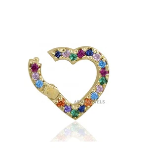 14K Yellow Gold Plated Lock, Multi Stone Heart Clasp Lock, Charm Holder Jewelry - Picture 1 of 2