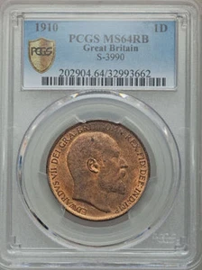 GREAT BRITAIN EDWARD VII 1910 1 PENNY CHOICE UNCIRCULATED CERTIFIED PCGS MS64RB - Picture 1 of 5