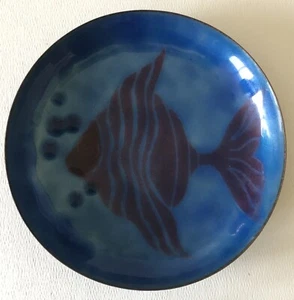 Vintage 1950 Mitte des Jahrhunderts moderne Emaille auf Kupferteller tropische Fischblasen - Bild 1 von 4