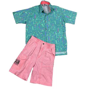 Vintage 90s Blue Pink Neon Surf Skate Cool USA T-shirt Boys S 8/10 Shorts Set - Picture 1 of 14
