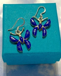 Navajo Sterling Silver BUTTERFLY Blue Lapis Inlay 925 Earrings - Picture 1 of 2