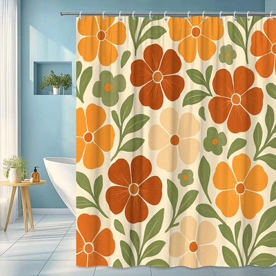 Cortina de Ducha Floral con Flores Naranja y Verde para Baño Foto 1 de 4