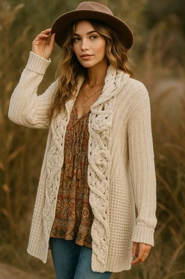 Suéter Cárdigan Maggie Sweet Para Mujer Beige Crochet Tejido con Cable Pequeño Boho Acogedor Foto 1 de 4