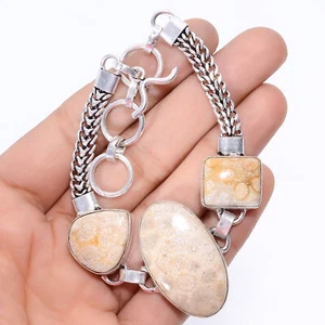 Natural Fossil Coral Gemstone Fashion Jewelry 925 Silver Bracelet 7-8.5" ARB1013 - Picture 1 of 3