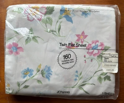 Vintage JCPenney Twin Flat Sheet Early Spring Floral Pink Blue Green Cotton Poly - Image 1 of 4