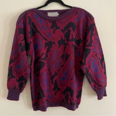 Suéter feminino Evan Picone vintage anos 80 anos 90 paisley outono inverno tamanho médio - Imagem 1 de 4
