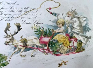 RARE! 1908 Antique CHRISTMAS Postcard SANTA in WHITE ROBE Sleigh Boy Reindeer - Picture 1 of 3