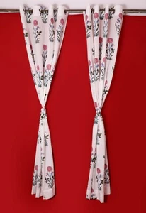 Floral Hand Block Print Cotton Curtain Panel Drapes Home Wall Hanging 84 Inches - Picture 1 of 3