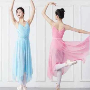 Women Dance Leotard Elegant Bodysuit Skating Or Irregular Mesh Skirt V-neck - Picture 1 of 14