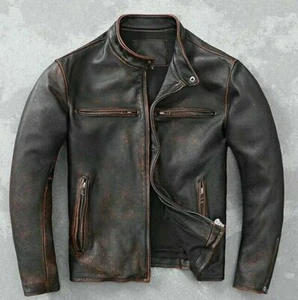 Men’s Motorcycle Biker Vintage Cafe Racer Distressed Brown Real Leather Jacket - - Picture 1 of 3