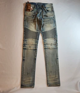 Crysp Denim Mens Jeans Pants Devon Moto Skinny Stretch Size L 29 Slim Fit New - Picture 1 of 21