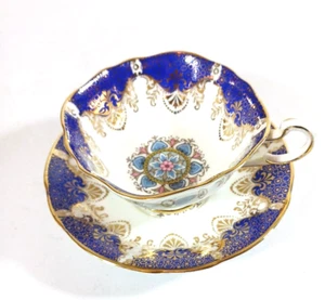 Paragon Tea Cup And Bowl Saucer Bone China Blue Gold Filigree Floral Scalloped - Picture 1 of 8