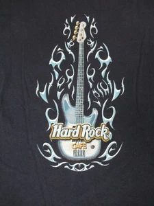 VINTAGE HARD ROCK CAFE SAN FRANCISCO BASS GUITAR FLAMES BLUE MEDIUM SHIRT F1016 - Picture 1 of 5