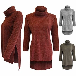 NEW WOMENS HIGH SLIT SIDE LONG SLEEVE RIBBED JUMPER LADIES TOP SPLIT TUNIC LOOK - Picture 1 of 8
