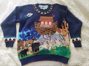 Vintage IsKnitCute! Hand Knitted Noahs Ark Womens Sweater Size Large EUC - Picture 1 of 5