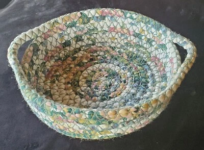 Vintage handmade 12" fabric-covered rope coiled basket with handles - Image 1 of 4