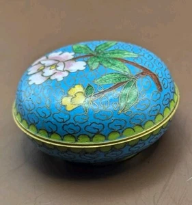 Antique Chinese Cloisonne Powder Trinket Box with Lid 3 Inches Floral - Picture 1 of 13