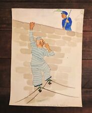 Antique Amateur Folk Art Painting Watercolor Prisoner Escape Vintage Prison Art